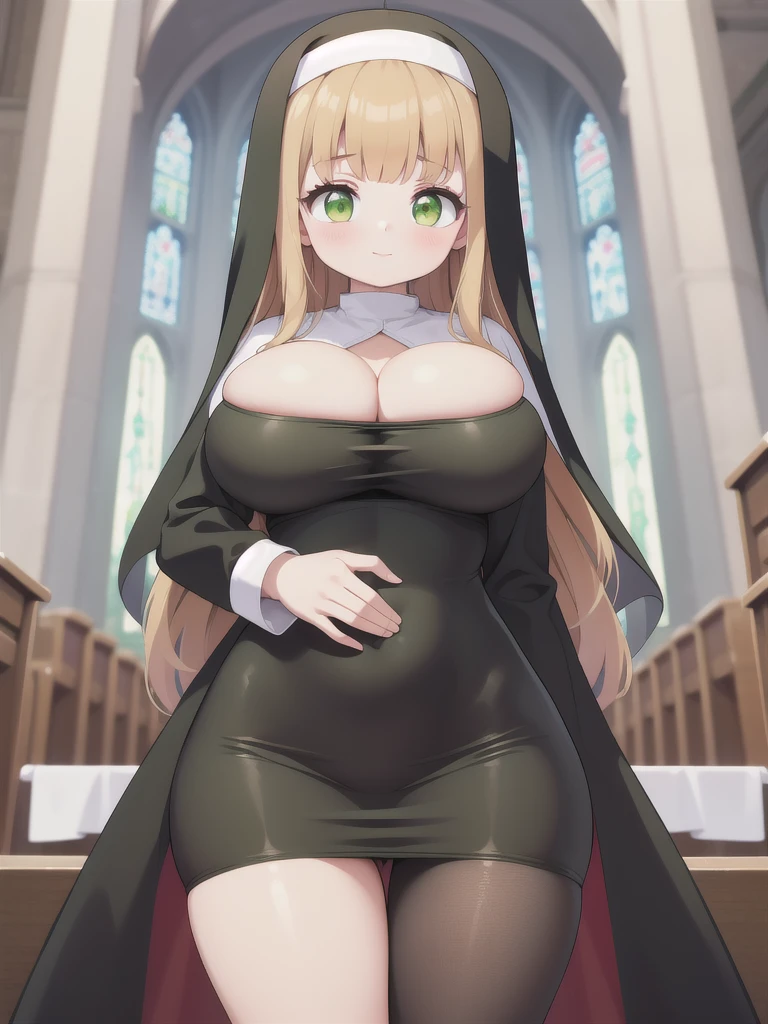 master-piece, bestquality, 1girls,s old, View viewers from front, HD, slight smile, massive tits, cleavage, under , tights cloth, , tiny body, under tits cleavage, look down, stand up, wide hips, mimosa vermillion, brown hair, (green eyes:1.5), blunt bangs, bangs, medium hair, wavy hair, black nun cloth, black suit, black cloth, in church,