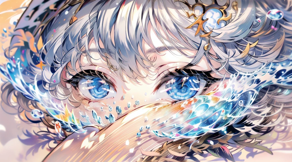 (((tmasterpiece))), (((Best quality)))), offcial art, Extremely detailed CG unity 8k wallpaper, ((sketching))), natta, Sateen, beautiful detailed sky, galactic,starryskybackground,Beautiful and delicate water, GameCG, hugefilesize, sketching, report, Angelic, Long gray hair, coiffed blonde hair, Wet hair, hair between eye, Hair behind the ears, Carefree eyes with white eyelashes, yellow-eyed, half closed eye, footwear, The halo, cross necklace, looking-down, sitted, Hold the hair of your long legeather ornament, leaf hair accessories, at a forest, lakeside, ((Bigchest))), ((( White robe))), long sleeve dynamo, white blindfold, elvish earig golden wings are more yellow