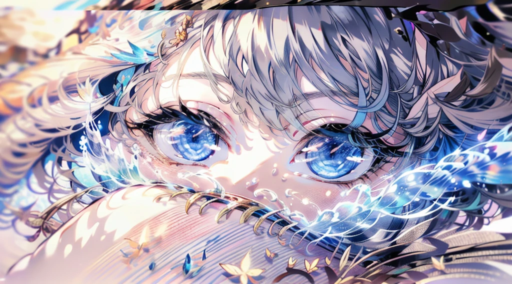 （（（tmasterpiece）））， （（（Best quality））））， offcial art， Extremely detailed CG unity 8k wallpaper， （（sketching）））， natta， Sateen， beautiful detailed sky， galactic，starryskybackground，Beautiful and delicate water， GameCG， hugefilesize， sketching， report， Angelic， Long gray hair， coiffed blonde hair， Wet hair， hair between eye， Hair behind the ears， Carefree eyes with white eyelashes， yellow-eyed， half closed eye， footwear， The halo， cross necklace， looking-down， sitted， Hold the hair of your long legeather ornament， leaf hair accessories， at a forest， lakeside， （（Bigchest）））， （（（ White robe）））， long sleeve dynamo， white blindfold， elvish earig golden wings are more yellow