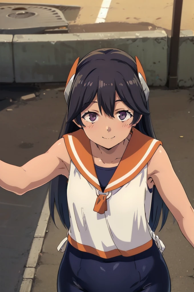 One Girl, alone, whole body, In-person audience, View your audience, smile, I400KC, Long Hair, White shirt, Sleeveless,One piece swimsuit, Bare arms, Sleeveless shirt, headgear, , Sunburn, Sunburnlines, , Sailor shirt, Orange sailor collar