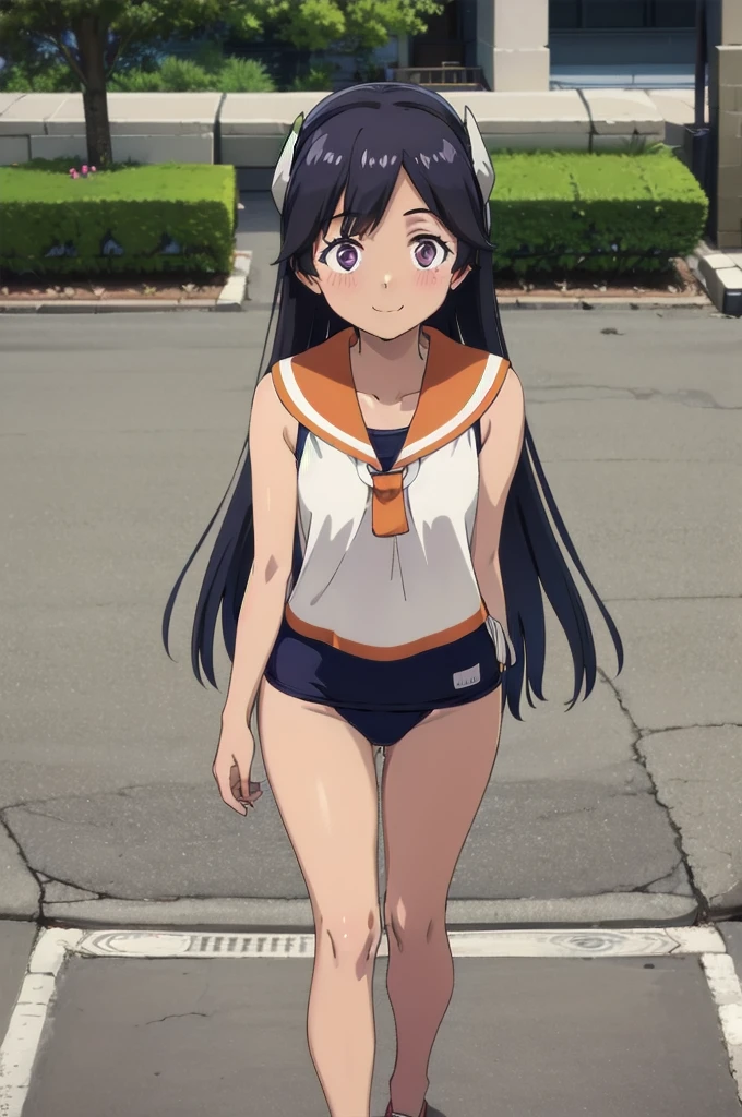 One Girl, alone, whole body, In-person audience, View your audience, smile, I400KC, Long Hair, White shirt, Sleeveless,One piece swimsuit, Bare arms, Sleeveless shirt, headgear, , Sunburn, Sunburnlines, , Sailor shirt, Orange sailor collar