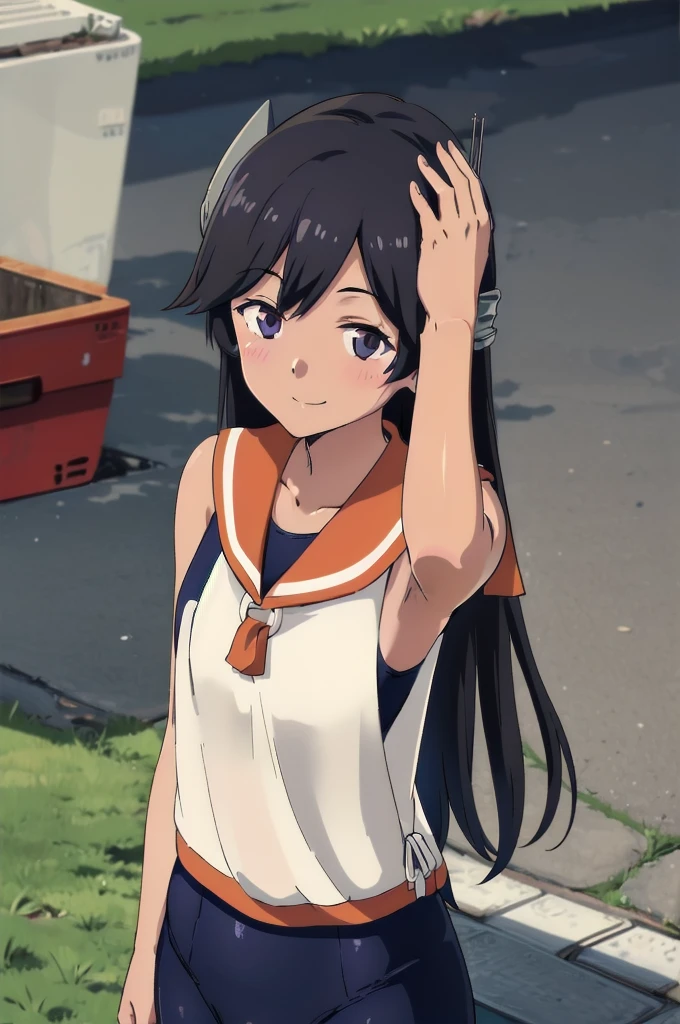 One Girl, alone, whole body, In-person audience, View your audience, smile, I400KC, Long Hair, White shirt, Sleeveless,One piece swimsuit, Bare arms, Sleeveless shirt, headgear, , Sunburn, Sunburnlines, , Sailor shirt, Orange sailor collar