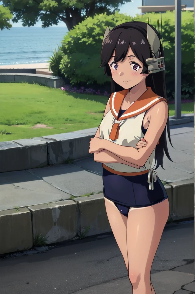 One Girl, alone, whole body, In-person audience, View your audience, smile, I400KC, Long Hair, White shirt, Sleeveless,One piece swimsuit, Bare arms, Sleeveless shirt, headgear, , Sunburn, Sunburnlines, , Sailor shirt, Orange sailor collar