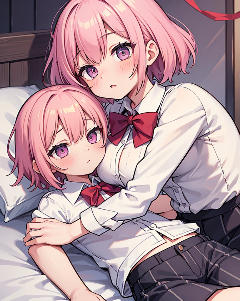 masterpiece, Highest quality, so beautiful, absurdists,High resolution,One girl, One boy,Cuddling in bed, like,ly,Look at each one, blush,Age difference,bow tie,blondes,chest,Long Hair,Pink Hair,Tucked in shirt,short hair,skirt,Tent shirt,Slut,Big bresister and brother,Siblings,Trousers with bulging crotch,Pushing her big tits her brother,My brother's penis erect in hiusers,other's small erect penis