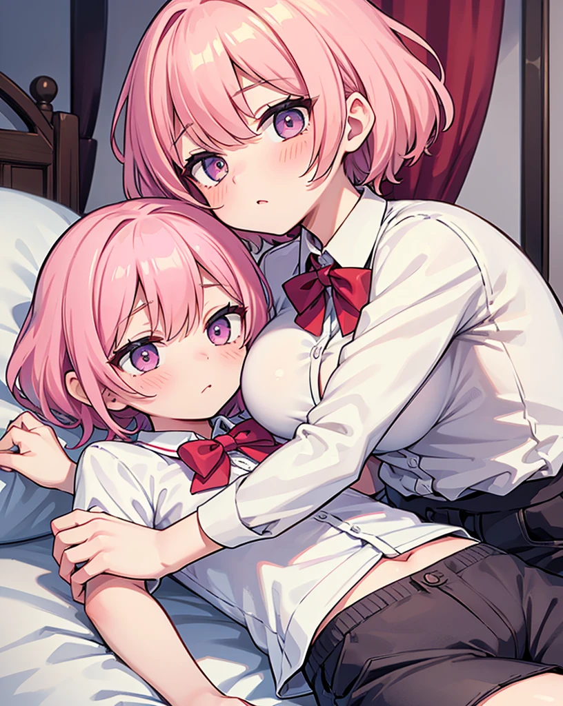masterpiece, Highest quality, so beautiful, absurdists,High resolution,One girl, One boy,Cuddling in bed, like,sexly,Look at each one, blush,Age difference,bow tie,blondes,chest,Long Hair,Pink Hair,Tucked in shirt,short hair,skirt,Tent shirt,Slut,Big breasted sister and brother,Siblings,Trousers with bulging crotch,Pushing her big tits against her brother,My brother's penis erect in his trousers,My brother's small erect penis