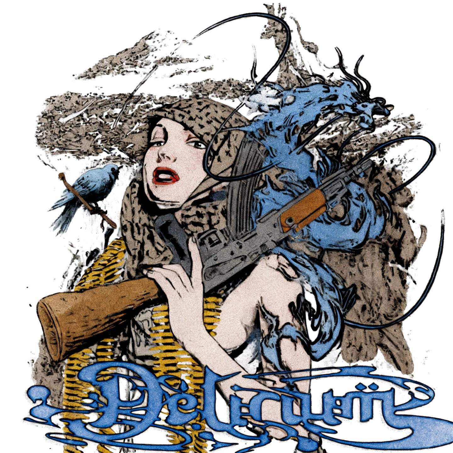 arafed image of a woman with a gun and a bird, delirium, delirious, defiant, official artwork, 3delight, full color illustration, cd cover artwork, detailed cover artwork, full color digital illustration, alcohol with blue delirium skies, delicate, demolition, defiant and beautiful, detailed artwork, destitute, 3 color screen print, artwork ”