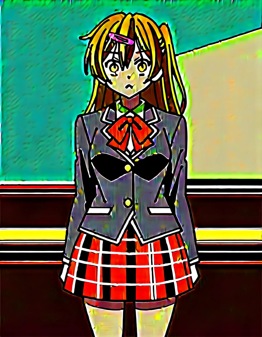 score_9, score_8_up, score_7_up, source_anime,
shinkanibutani,
shinka nibutani, long hair, brown hair, hair ornament, brown eyes, hairclip, one side up,
skirt, , jacket, plaid, kneehighs, plaid skirt, blazer, icho private high , blue blazer,
indoors, classroom,
