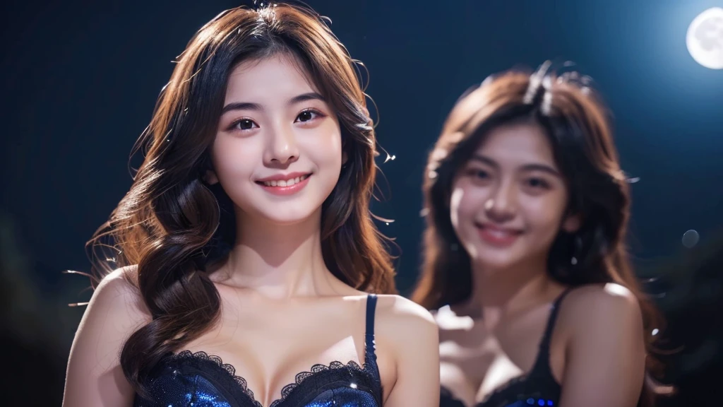 (((A very beautiful full moon night sky)))、((An 18-year-old girl with a very cute face like an idol))、Smiling Kindly、Cleavage、(Cinema lighting)、Artistry、(Facial and body depictions that are indistinguishable from real life)、masterpiece