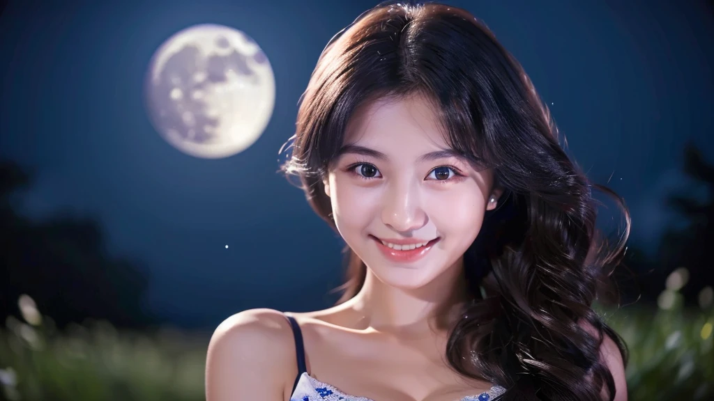 (((A very beautiful full moon night sky)))、((An 18-year-old girl with a very cute face like an idol))、Smiling Kindly、Cleavage、(Cinema lighting)、Artistry、(Facial and body depictions that are indistinguishable from real life)、masterpiece
