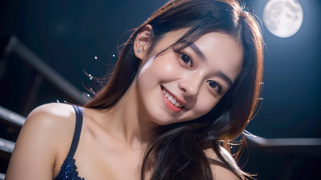 (((A very beautiful full moon night sky)))、((An 18-year-old girl with a very cute face like an idol))、Smiling Kindly、Cleavage、(Cinema lighting)、Artistry、(Facial and body depictions that are indistinguishable from real life)、masterpiece