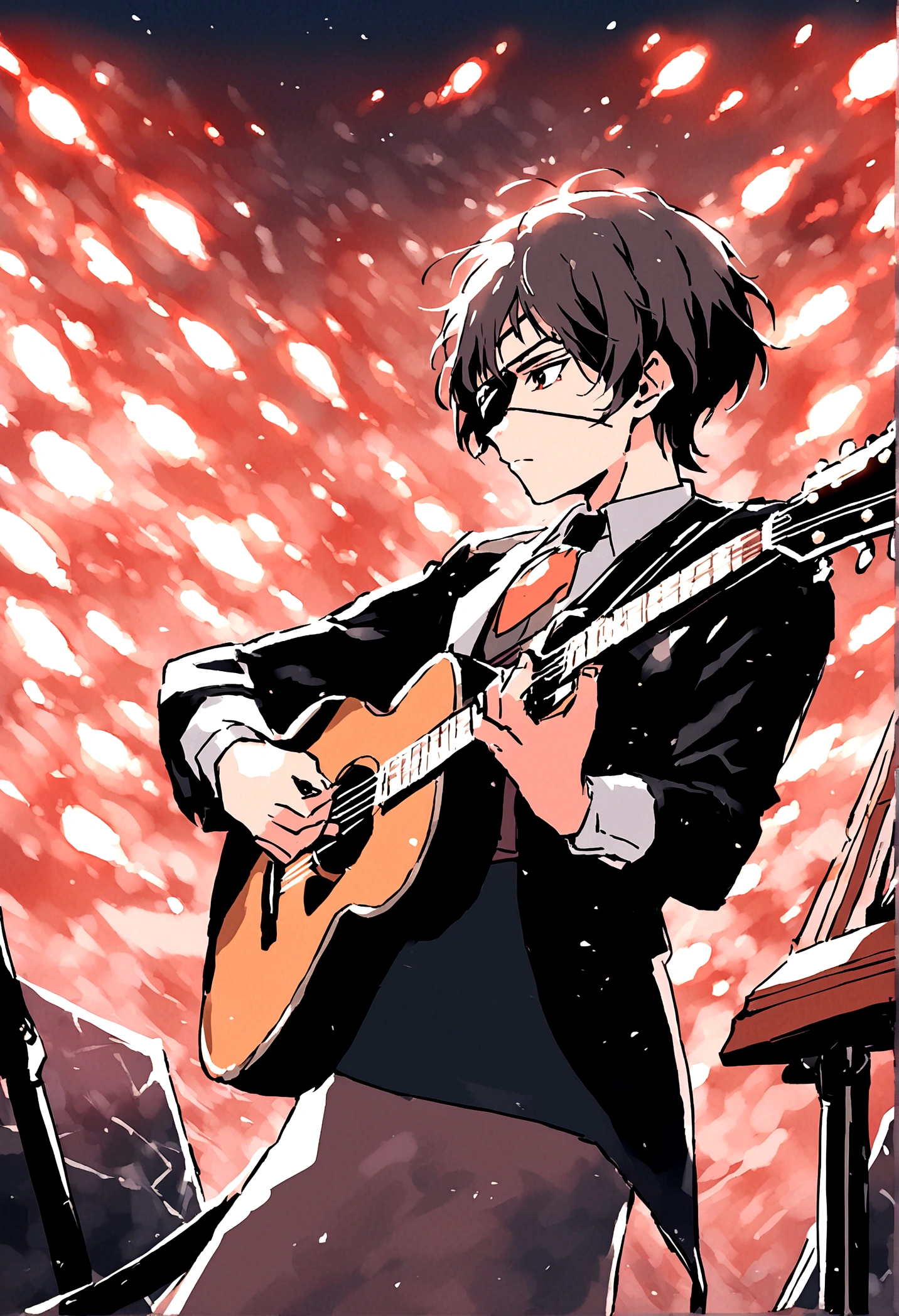 A grainy realistic poor quality picture in the 60s of a handsome looking Vintage man playing guitar.He's in profile, Looking forward with a serious, concentrated expression. He holds the guitar with both hands,White hair, has an eye patch..