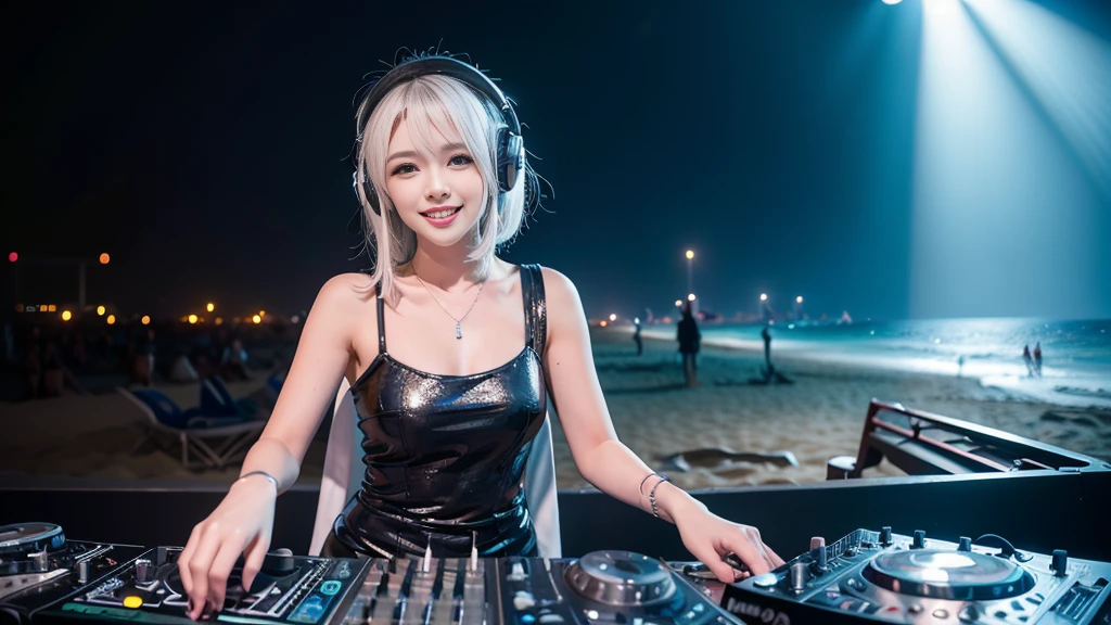 (ultra - detailed, 16K resolution, Cinema lenses, rendering by octane), (high resolution:1.18), intricate detail, (masterpiece:1.1), (highest quality:1.1), (1girl, portrait, white hair, blue eyes, short hair, detailed eyes),Wearing silver DJ headphones, sequined T-shirt, (in the beach:1.5), (Iconic hip-hop pop costumes:1.3), Smile while DJing on stage, DJ studio next to the beach, ((A stylish DJ stage on a hill overlooking the beach)), full body shot, Photorealistic photography by Sunshine, (cute round face:1.3), perfect fingers, five fingers, beautiful hands, perfect hands. master peace, cute smile.