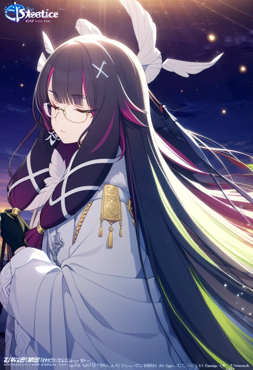 (Masterpiece, Superior quality, Best Quality, Official Art, beautiful and aesthetic:1.2),(8k, Best Quality, Masterpiece:1.2), (((Masterpiece))),(((Best Quality))),(((extremely detailed))),illustration, OMS, (Masterpiece, Superior quality, Best Quality, Official Art, beautiful and aesthetic:1.2),(8k, Best Quality, Masterpiece:1.2), (Masterpiece, Best Quality:1.3), Columbina, closed eyes, multicolor fur, hair ornament, 1 girl, Alone, multicolor fur, colored inner hair, old, holding lar hair, black fur, two tone hair, semi rimless glasses, hair ornament, very long hair, tassel, looking at the viewer, gloves, long sleeves, green fur, Upper part of the body, tassel earrings, large old, jewelry, sky