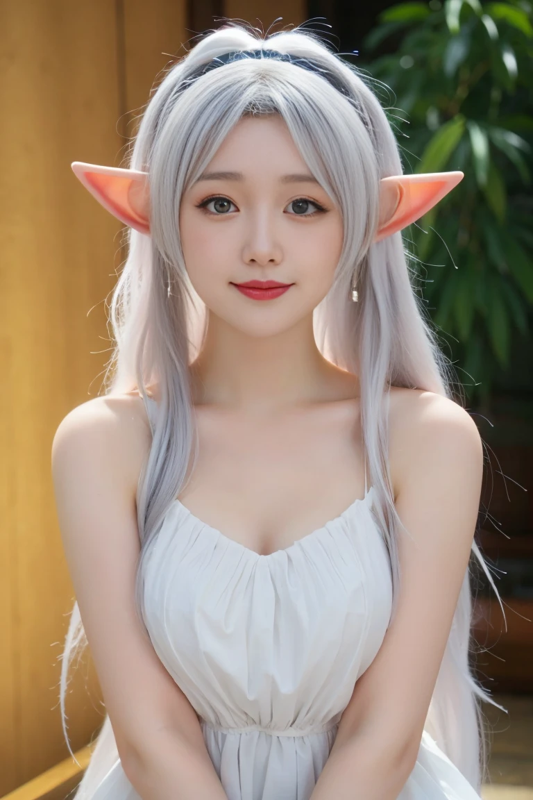 best quality, tmasterpiece,Ultra-high resolution,Clear face,（Reality：1.4），ferpect lighting，(full body photo), (photorealistic:1.50), anime wallpaper, Guviz style artwork, cover-up fantasy up to magic , by Yang J, Guviz, beautiful artwork illustration, beautiful digital artwork, beautiful digital illustration, Li Song, beautiful anime portrait, art style in Beauvot, 1girl, 独奏, green eyes, Double eyelids, Blush, Cheeks flushed, 24yo chinese female, 
jewelry, earrings, hair ornament, 
long hair, (twintails), white hair, hair ribbon, (pointed ears:1.3), Ears are very pointed,
looking at viewer, light smile, full body, photo background, outdoors, white dress, Bare shoulders, sleeveless, standing,
 