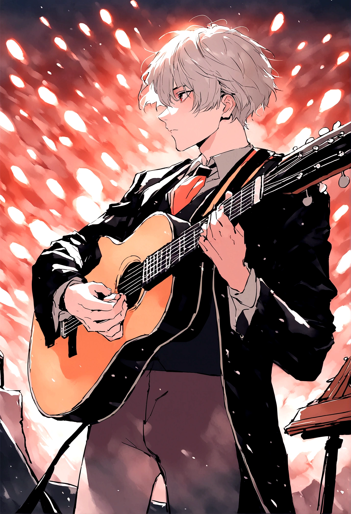 A low-quality, realistic 60's photo of a handsome white-haired vintage man playing a guitar..He is in profile, Looking forward with earnestness, intense expression. He holds the guitar with both hands....