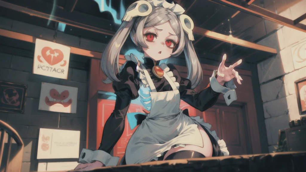 1girl, solo, indoors, skg_marie, maid, maid apron, maid headdress, twin tails, skull hair ornament, red brooch, juliet sleeves, black shoes, white thigh high stockings, light rays, glow, (masterpiece), highlight thighs, thick thighs, highlight buttocks, seductive pose, pov, looking at the viewer, yawning