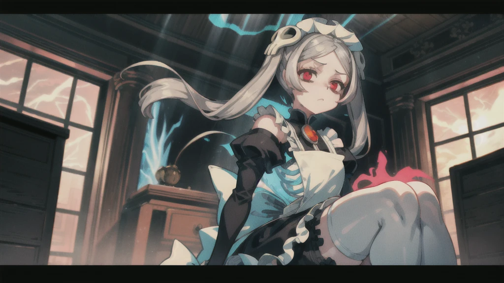1girl, solo, indoors, skg_marie, maid, maid apron, maid headdress, twin tails, skull hair ornament, red brooch, juliet sleeves, black shoes, white thigh high stockings, light rays, glow, (masterpiece), highlight thighs, thick thighs, highlight buttocks, seductive pose, pov, looking at the viewer, yawning