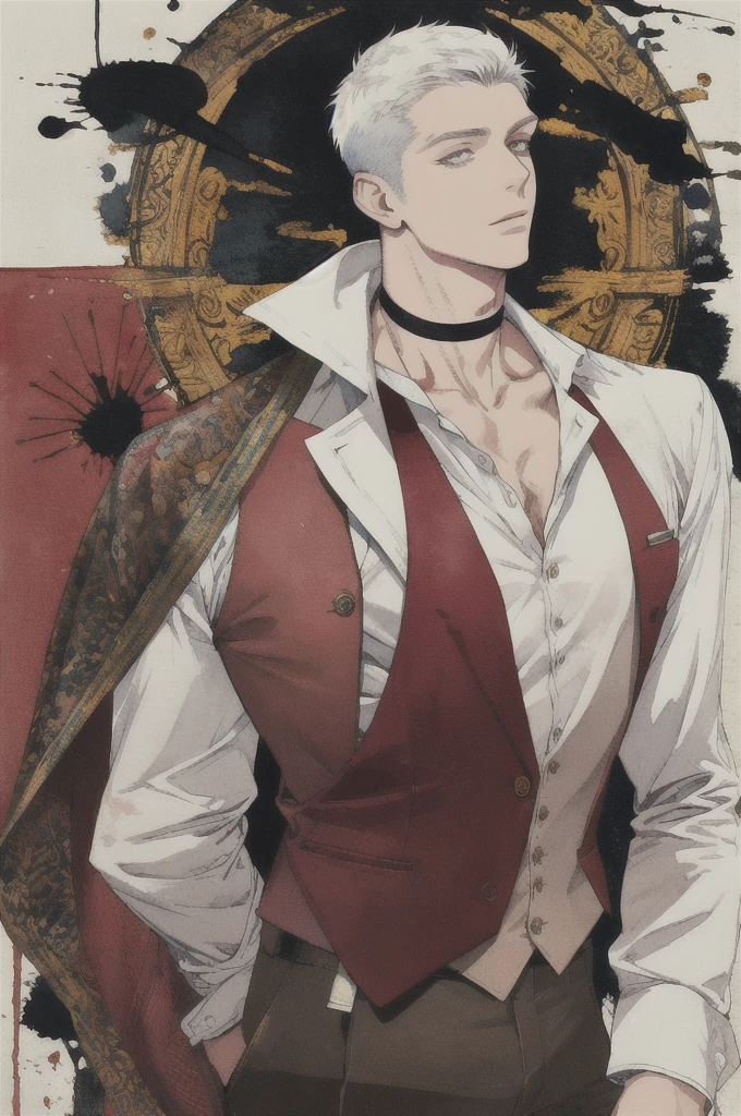 illustration, ink color, painterly watercolor, young man, solo, handsome_male, choker, powerfully built, waistcoat, crew cut, arm at side,