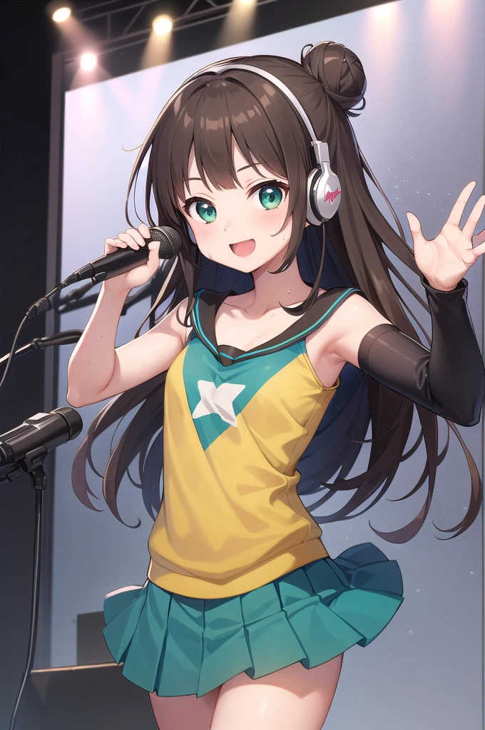 ((masterpiece、Highest quality))1 Girl、Lori、Loriコン、っぽい、cute、cute、My Favorite 、solo、Idol、Green skirt、Star Green Eyes、Headphones、Brown Hair、Bun teal hair、music、Pleated skirt、緑色のIdolドレス、Cyber World、smile、smile、dance、sing、Line of sight、Sparkling、Sweat、Red cheeks、Vocalist、 cuteポーズ、Loud cheerusicに囲まれる