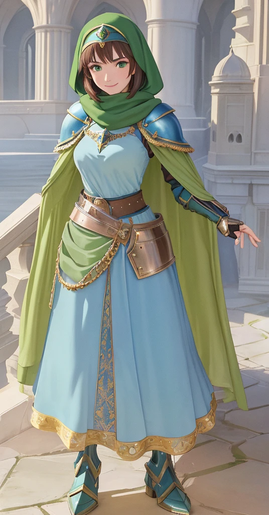 masterpiece, best quality:1.2), 1girl, smile, looking at viewer, green eyes, short brown hair, princess, armor, blue hijab headscarf, pauldrons, armored dress, green cloak cape, wearing puffy blue ballgown skirt, armored boots, fingerless gloves, standing in front of desert castle