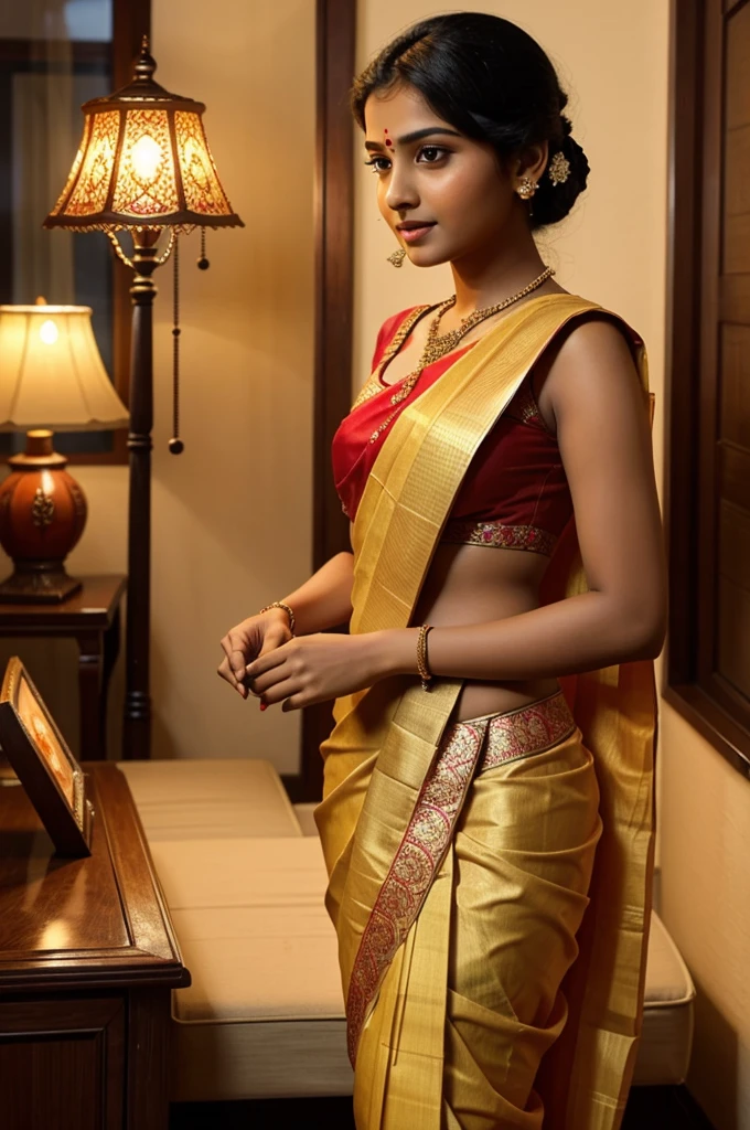 A beautiful Marathi girl is wearing a beautiful saree. And she has a lamp in her hand and she is looking for something that shines in that lamp