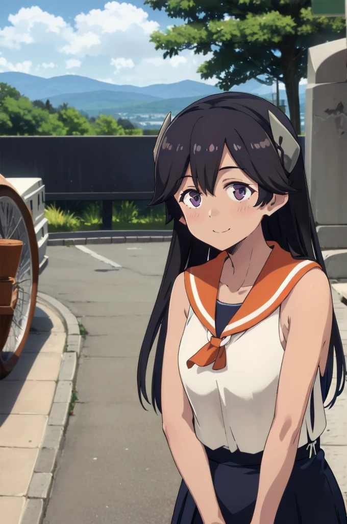 One Girl, alone, whole body, In-person audience, View your audience, smile, I400KC, Long Hair, White shirt, Sleeveless, Sleeveless shirt, headgear, , Sunburn, Sunburnlines, , Sailor shirt, Orange sailor collar