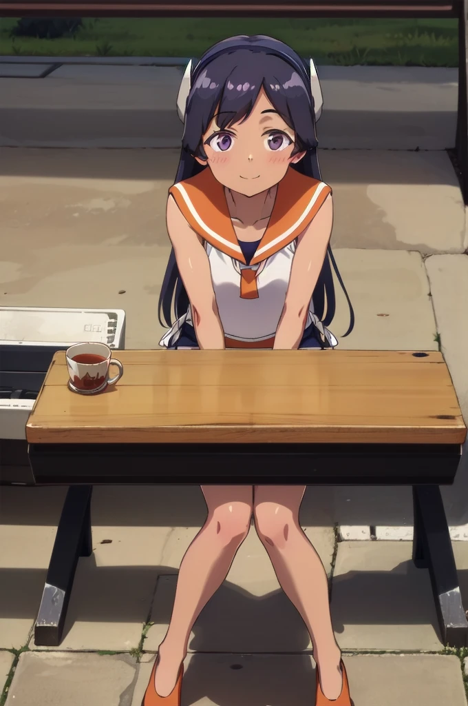 One Girl, alone, whole body, In-person audience, View your audience, smile, I400KC, Long Hair, White shirt, Sleeveless, Sleeveless shirt, headgear, , Sunburn, Sunburnlines, , Sailor shirt, Orange sailor collar