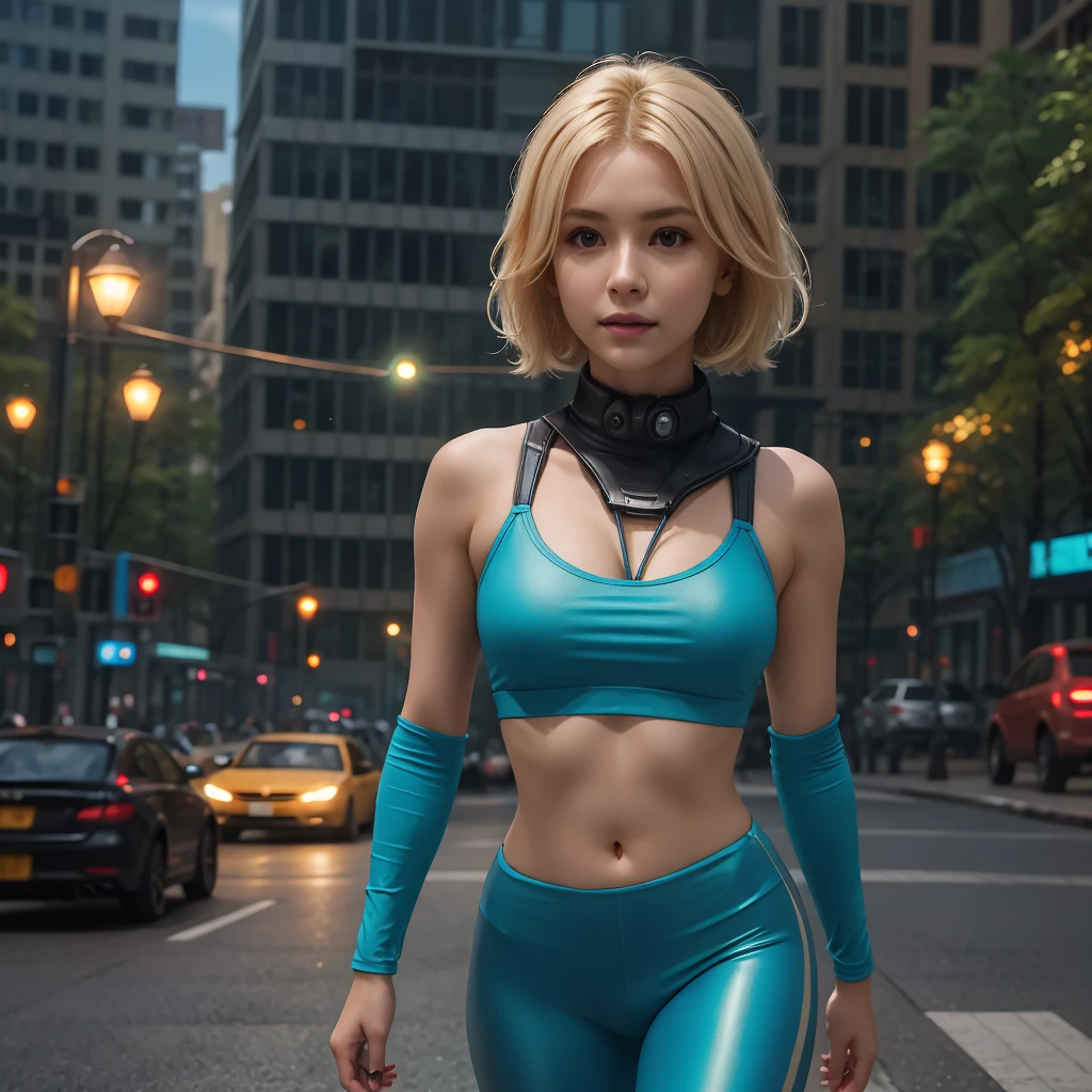 masterpiece, best quality, high quality, extremely detailed 32k unit an enchanting front view, A pretty 40 year old Blonde haired woman, she is standing out side Futuristic Building at night, she is wearing teal leggings and a crop top, her hair is Choppy Bob hair style, she looks beautiful in the glow of the street lights,(best quality ,photorealistic)