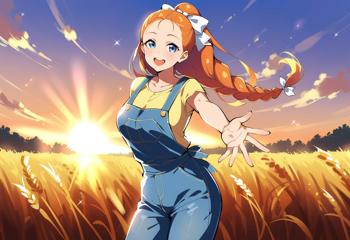 pewarnaan character, visual illustration, @ANN, aged up, 1girl, ponytail, braided ponytail, single braid, solo, (overalls), outdoors, sky, wheat, field, (blue overalls), smile, blue eyes, wheat field, looking at viewer, breasts, long sleeves, yellow shirt, orange hair, blonde hair, cowboy shot, collarbone, collared shirt, cleavage, denim, upper teeth only, medium breasts, forehead, standing, teeth, oversized clothes, long hair, partially unbuttoned, pants, oversized shirt, buttons, head tilt, flat chest, hair bow, white bow, tomboy, round teeth, plaid shirt, denim overalls, mature female, tall, tall female, slim body, freckles, twilight, cloudy sky, scenery, reaching, grass, floating braid, sunset, cloud, scenery, jeans, bow, hair ribbon, sparkle, sunbeam, light rays, highres, 4k, 8k, ann \(harvest moon\), ran \(bokujou monogatari\)