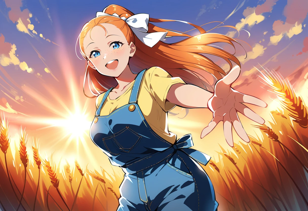 pewarnaan character, visual illustration, @ANN, aged up, 1girl, ponytail, braided ponytail, single braid, solo, (overalls), outdoors, sky, wheat, field, (blue overalls), smile, blue eyes, wheat field, looking at viewer, breasts, long sleeves, yellow shirt, orange hair, blonde hair, cowboy shot, collarbone, collared shirt, cleavage, denim, upper teeth only, medium breasts, forehead, standing, teeth, oversized clothes, long hair, partially unbuttoned, pants, oversized shirt, buttons, head tilt, flat chest, hair bow, white bow, tomboy, round teeth, plaid shirt, denim overalls, mature female, tall, tall female, slim body, freckles, twilight, cloudy sky, scenery, reaching, grass, floating braid, sunset, cloud, scenery, jeans, bow, hair ribbon, sparkle, sunbeam, light rays, highres, 4k, 8k, ann \(harvest moon\), ran \(bokujou monogatari\)