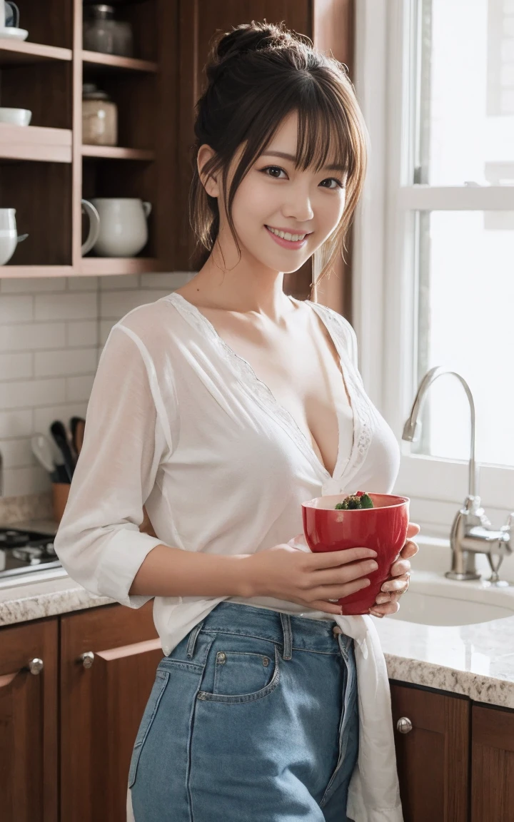 Very detailed CG Unity 8k 壁紙, Highest quality, Very detailed, masterpiece, Realistic, Realistic写真, Very detailed美しい女の子, Age 25 , （office lady）,  smile , Round eyes, Small breasts , Viewers watch, Half Body Shot  , kitchen ,  breakfast ,  Trendy hairstyles　最高のbreakfast　Opens the chest　Summer Casual Fashion