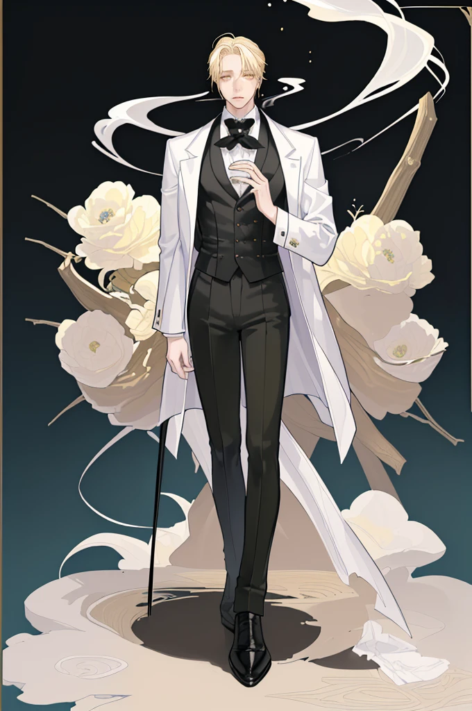 (masterpiece), best quality, seductive eyes, mature face, handsome man, yellow eyes, mid length blonde hair, full bangs covering his forehead, white shirt, black pants, black coat, broad shoulders, anime cover, 1boy, masculine, hirotaka nifuji, smoking, full body, long legs, tall