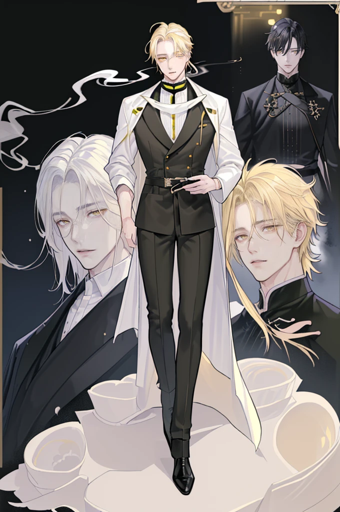 (masterpiece), best quality, seductive eyes, mature face, handsome man, yellow eyes, mid length blonde hair, full bangs covering his forehead, white shirt, black pants, black coat, broad shoulders, anime cover, 1boy, masculine, hirotaka nifuji, smoking, full body, long legs, tall
