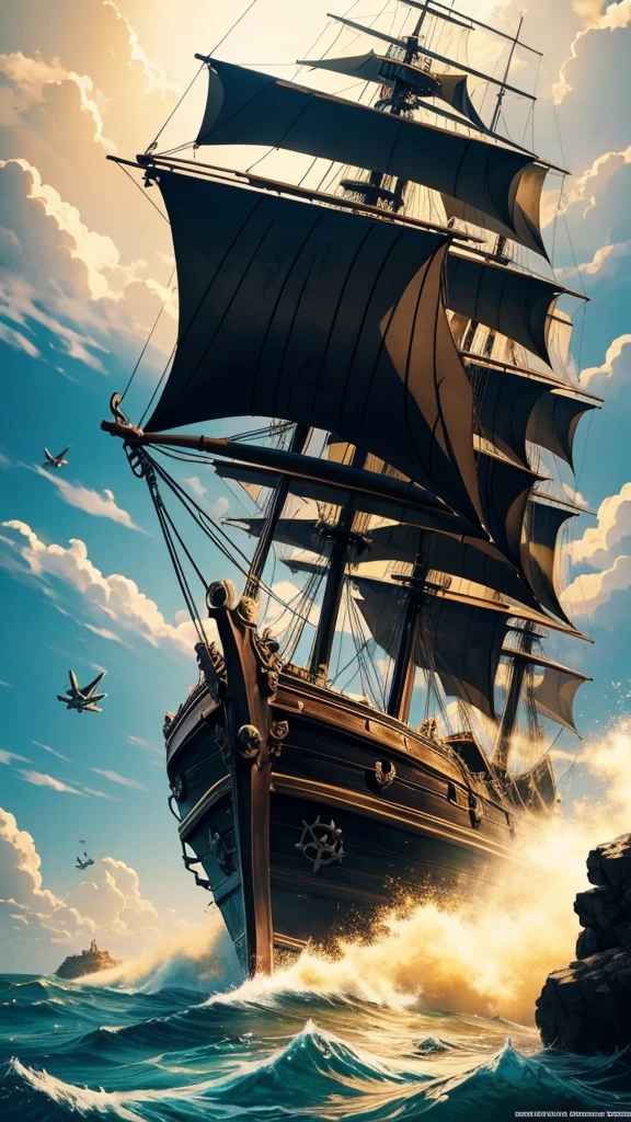 Background image: anime style black and yellow pirate ship, one piece anime,