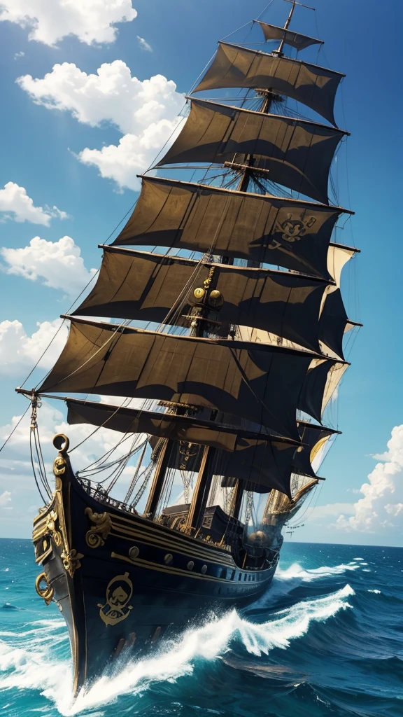 Background image: anime style black and yellow pirate ship, one piece anime,