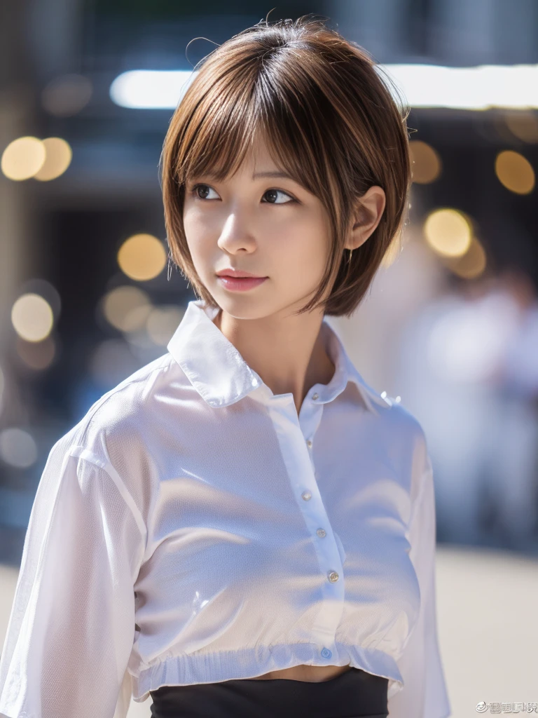 ((Highest quality、In 8K、masterpiece:1.3))、Sharp focus:1.2、Beautiful woman perfect body:1.4、Slim Abs:1.2、((Short Hair:1.2))、(trendy fashion in tokyo、shirt:1.1)、Background white、Wet body:1.5、Three-dimensional texture、Detailed eyes、(Brown Hair、Black Hair:1.2)、Very shiny hair、Backward view、Hair quality improvement、Handsome short、Short-haired blonde、No text