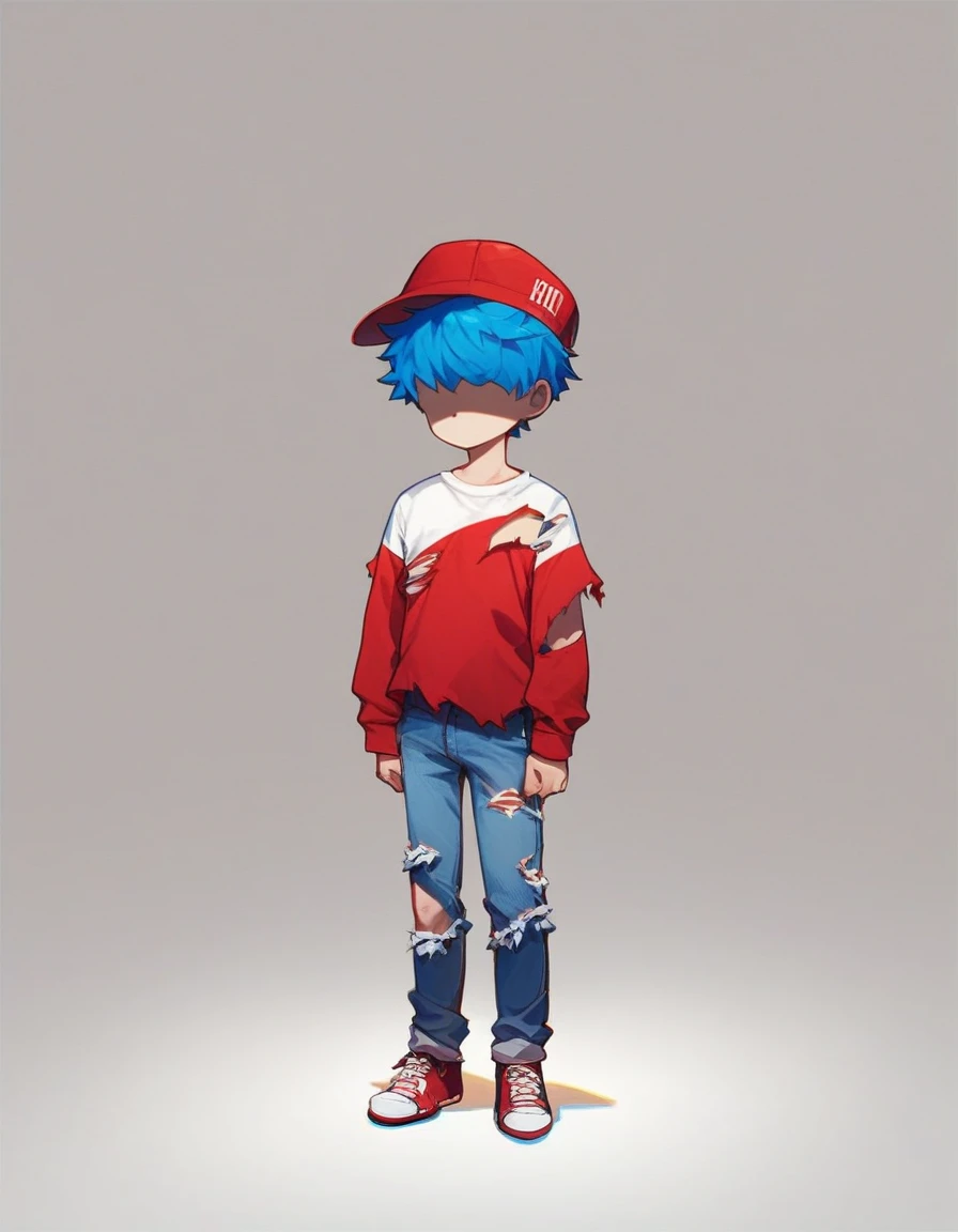 lookalike, solo, short hair, shirt, long sleeves, 1boy, hat, blue hair, standing, full body, white shirt, male focus, shoes, pants, torn clothes, denim, shaded face, t-shirt, jeans, layered sleeves, short over long sleeves, torn pants, red sleeves, red gangster hat