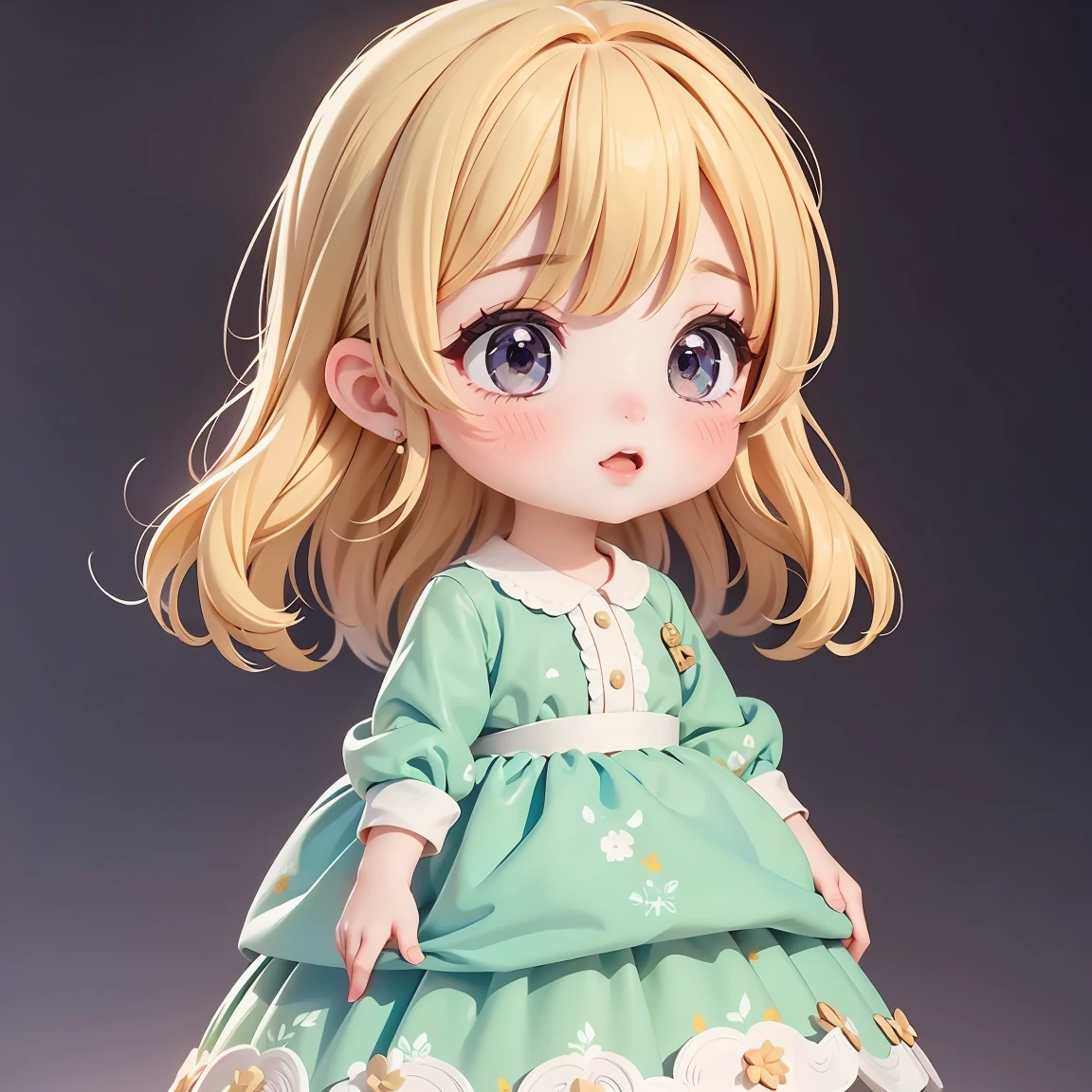  Super Chibi Character：1.8、Wearing cute shoes、background：simple、Blonde Hair、Cute 7 year old girl、Cinderella Dresses、Various expressions：1.8