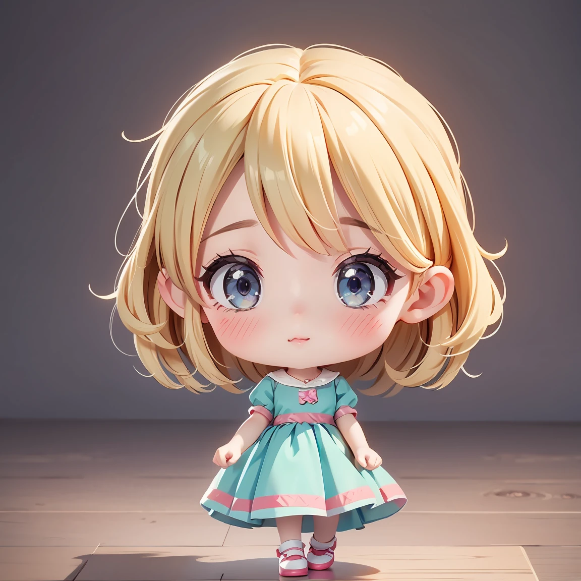Super Chibi Character:1.8、Wearing cute shoes、background:simple、Blonde Hair、Cute 7 year old girl、Cinderella Dresses、Various expressions:1.8
