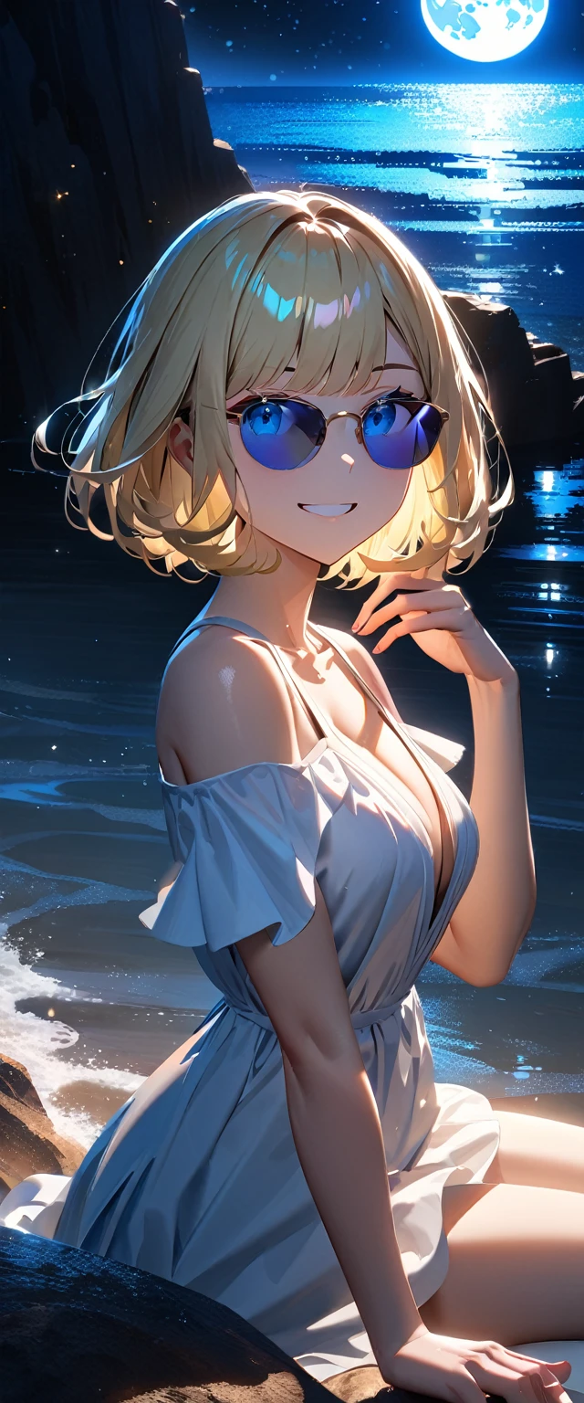 ((grin)), ((plunging neckline dress:1.3)), ((sundress)), ((off shoulders, Quite thick shoulder straps)), ((blond hair, bob cut:1.3)), ((sunglasses, hand to sunglasses)), (((from side))), ((((upper body)))), bare legs, (((A night sky stretching under a full moon, stars shining and reflecting on the sea surface))), ((sitting on the very high cliff)), wavy hair, inward curled hair, ((sea, nature)), breasts, teenager, (looking at viewer), puffy long sleeves, collarbone, head tilt:1.3, (((blue eyes))), happy smile, (((anime style))), (best quality, 4K, 8K, highres, masterpiece:1.2, ultra-detailed, ultra-detailed eyes, HDR, uhd, studio lighting, ultra-fine painting, sharp focus, physically-based rendering, extreme detail description, professional, vivid colors, bokeh)