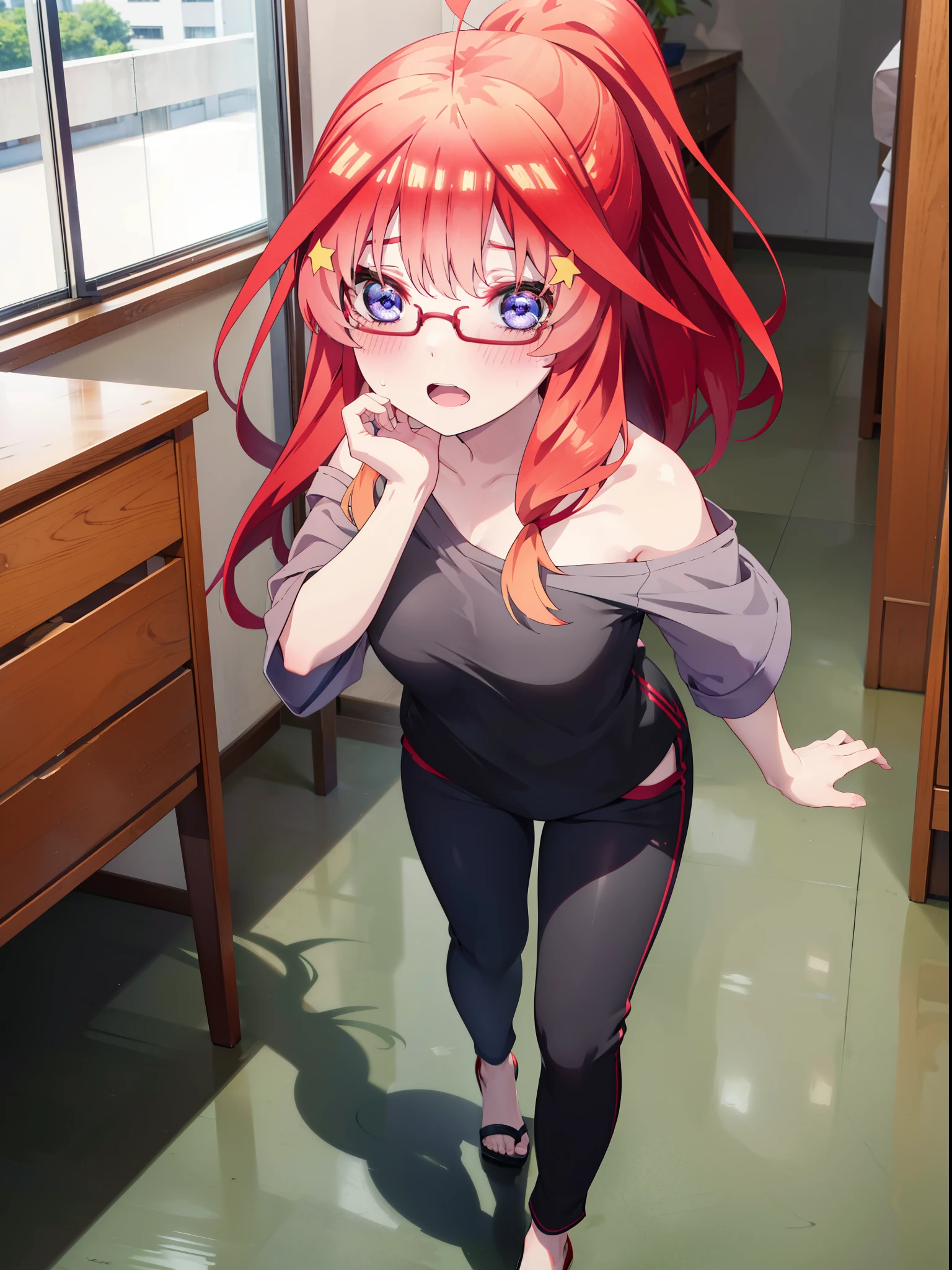 itsukinakano, itsuki nakano, One Woman,bangs, blue eyes, Hair between the eyes, Ahoge, Redhead, star \(symbol\), hair ornaments, star hair ornaments,smile,blush,Open your mouth,ponytail,Red-rimmed glasses,Cold Shoulder Shirt,skinny pants,Stiletto heels,Walking,whole bodyがイラストに入るように,
break indoors, School,廊下
break looking at viewer, whole body,
break (masterpiece:1.2), Highest quality, High resolution, unity 8k wallpaper, (figure:0.8), (Beautiful attention to detail:1.6), Highly detailed face, Perfect lighting, Highly detailed CG, (Perfect hands, Perfect Anatomy),