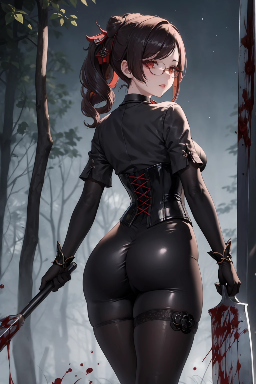 ((blood droplets)), ((blood)), ((blood splatter)), ((blood on clothes)), ((blood stain)), Masterpiece, Beautiful art, professional artist, 8k, Very detailed face, Detailed clothing, detailed fabric, 1 girl, Chiori \(genshin impact\), standing, view from behind, perfect ass, perfectly drawn body, shy expression, pale skin, beautiful face, long black hair, 4k eyes, very detailed eyes, pink cheeks, glasses, choker:1.6, (white collar button down long sleeve shirt), black gloves, gloves that cover hands, (holds an ax with his right hand), (black leather corset), (shiny black leggings), Sensual Lips , evening de invierno, show details in the eyes, looking at the viewer, Dark road, dark forest, evening, Atmosphere, fog