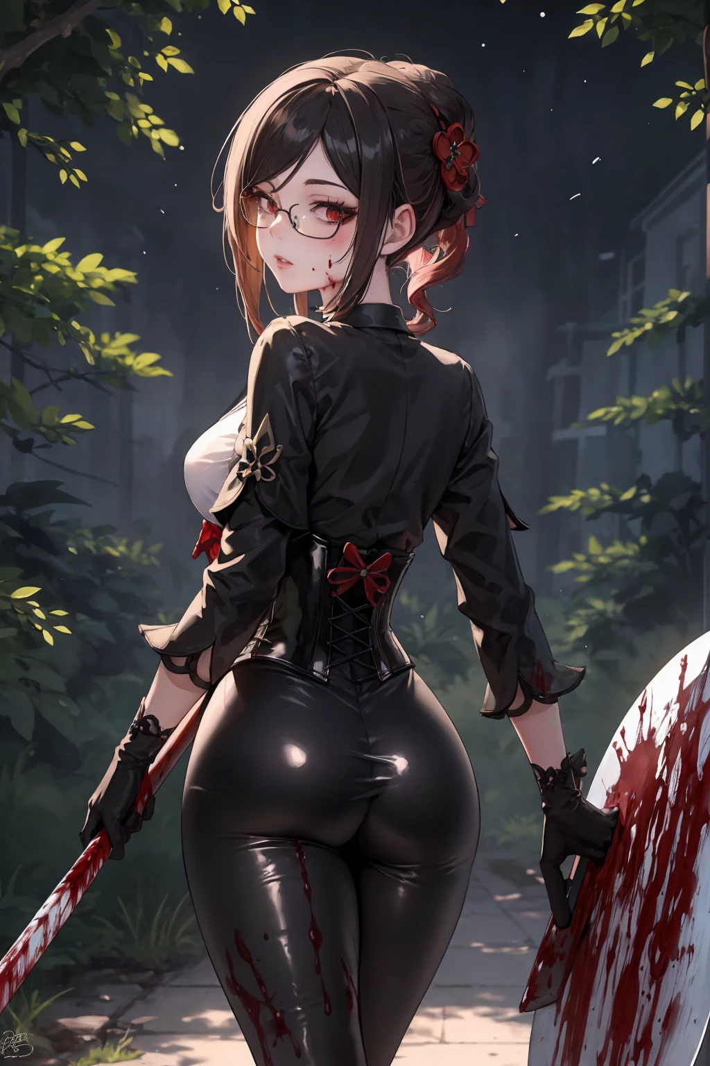 ((blood droplets)), ((blood)), ((blood splatter)), ((blood on clothes)), ((blood stain)), Masterpiece, Beautiful art, professional artist, 8k, Very detailed face, Detailed clothing, detailed fabric, 1 girl, Chiori \(genshin impact\), standing, view from behind, perfect ass, perfectly drawn body, shy expression, pale skin, beautiful face, long black hair, 4k eyes, very detailed eyes, pink cheeks, glasses, choker:1.6, (white collar button down long sleeve shirt), black gloves, gloves that cover hands, (holds an ax with his right hand), (black leather corset), (shiny black leggings), Sensual Lips , evening de invierno, show details in the eyes, looking at the viewer, Dark road, dark forest, evening, Atmosphere, fog