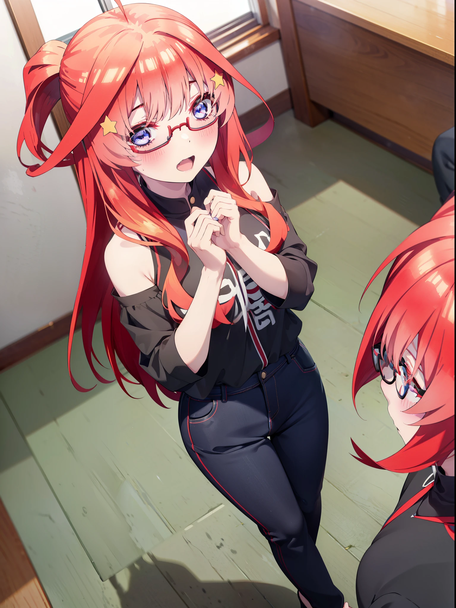 itsukinakano, itsuki nakano, One Woman,bangs, blue eyes, Hair between the eyes, Ahoge, Redhead, star \(symbol\), hair ornaments, star hair ornaments,smile,blush,Open your mouth,ponytail,Red-rimmed glasses,Cold Shoulder Shirt,skinny pants,Stiletto heels,Walking,whole bodyがイラストに入るように,
break indoors, School,廊下
break looking at viewer, whole body,
break (masterpiece:1.2), Highest quality, High resolution, unity 8k wallpaper, (figure:0.8), (Beautiful attention to detail:1.6), Highly detailed face, Perfect lighting, Highly detailed CG, (Perfect hands, Perfect Anatomy),