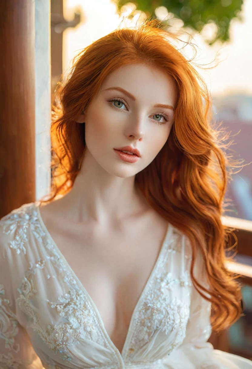 A stunning close-up of Anna Nikonova, also known as NewMilky, captures the ravishing allure of Amouranth's fiery locks. Soft, golden lighting caresses her porcelain complexion and highlights her luscious red hair. Framed against a serene balcony backdrop, she strikes a sultry pose, showcasing her enviable cleavage. The camera's gentle focus on her radiant features leaves no doubt - this young beauty is a jaw-dropping redhead goddess.