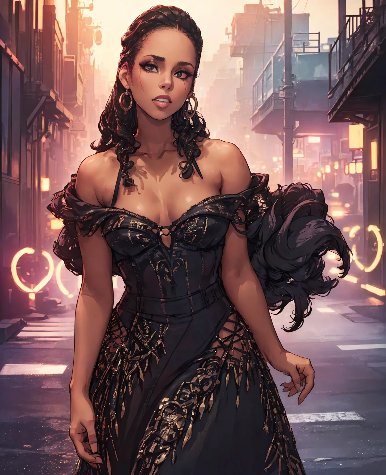 a beautiful woman, Alicia keys, beautiful detailed eyes, beautiful detailed lips, tattered clothes, dark makeup, standing on a city street at night, neon lights, (best quality,4k,8k,highres,masterpiece:1.2),ultra-detailed,(realistic,photorealistic,photo-realistic:1.37),cinematic lighting,moody colors,film noir style,street photography