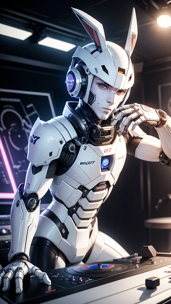 robot rabbit, White color, male gender, portrait photo style, non-human, in a club, playing on a turntable,