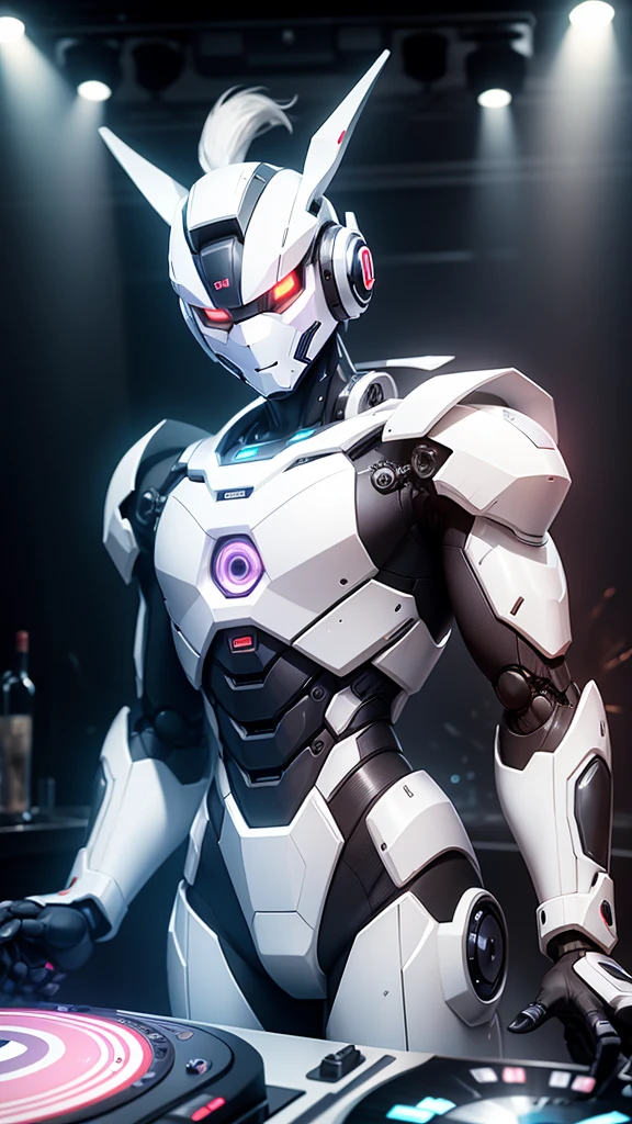 robot rabbit, White color, male gender, portrait photo style, non-human, in a club, playing on a turntable,