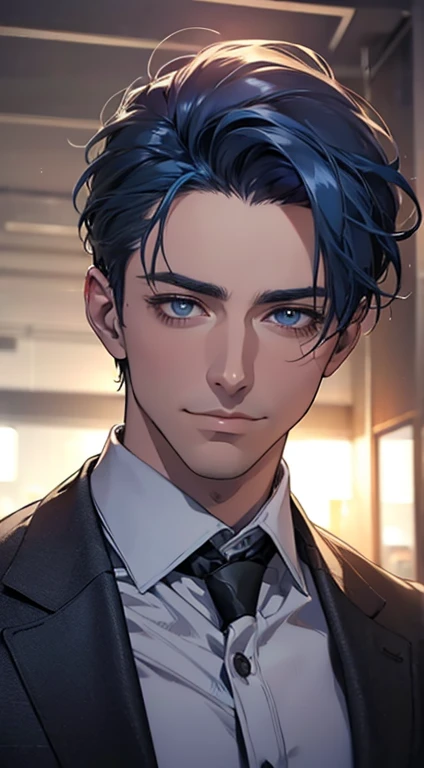 (best quality,4k,8k,highres,masterpiece:1.2),ultra-detailed,(realistic,photorealistic,photo-realistic:1.37),1 man,31 years old,mature man,very handsome,without expression,smile,short blue hair,blue eyes,penetrating gaze,perfect face without errors,imposing posture,businessman,office background,cinematic lighting,hdr image