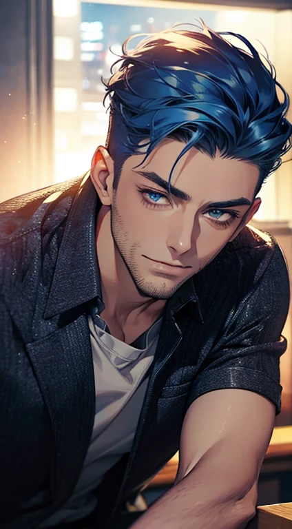 (best quality,4k,8k,highres,masterpiece:1.2),ultra-detailed,(realistic,photorealistic,photo-realistic:1.37),1 man,31 years old,mature man,very handsome,without expression,smile,short blue hair,blue eyes,penetrating gaze,perfect face without errors,imposing posture,businessman,office background,cinematic lighting,hdr image